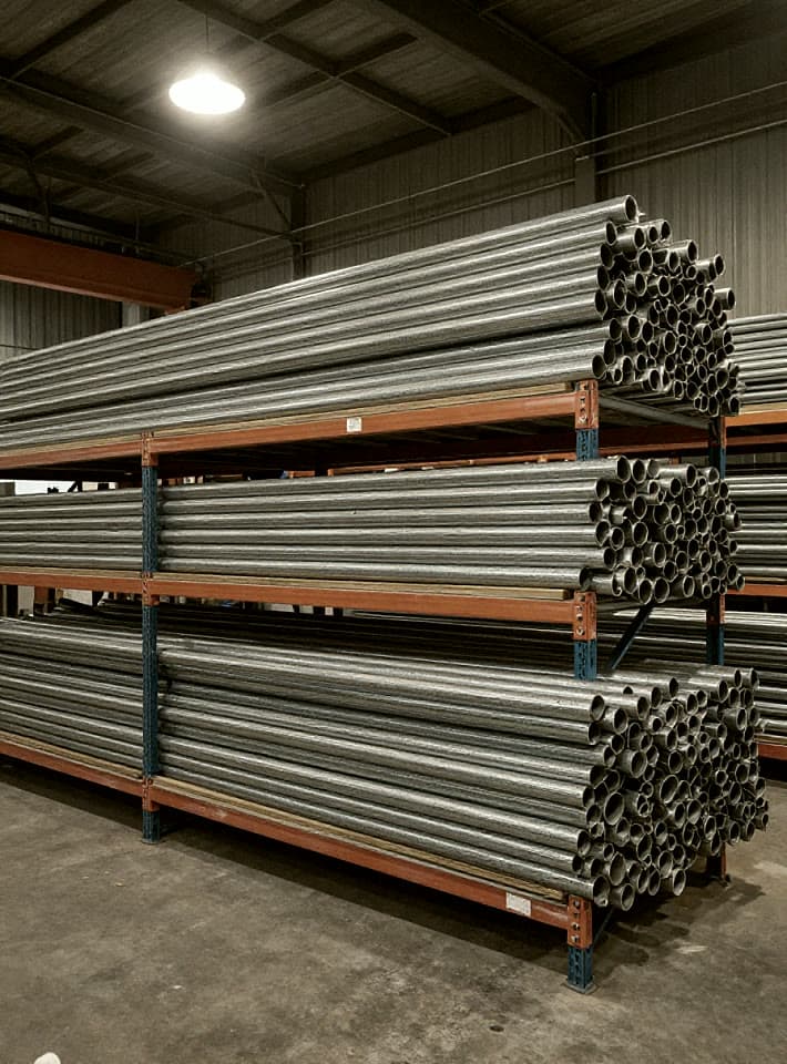 Tubería industrial almacenada en racks dentro de una nave